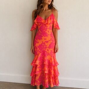 Hello Molly Pink and Orange Floral Ruffle Maxi Dress